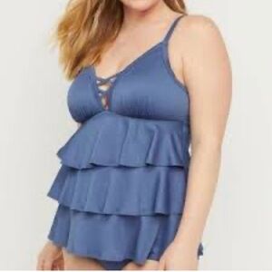 Cacique Blue Ruffled Tankini Swimsuit Top - Size: 20